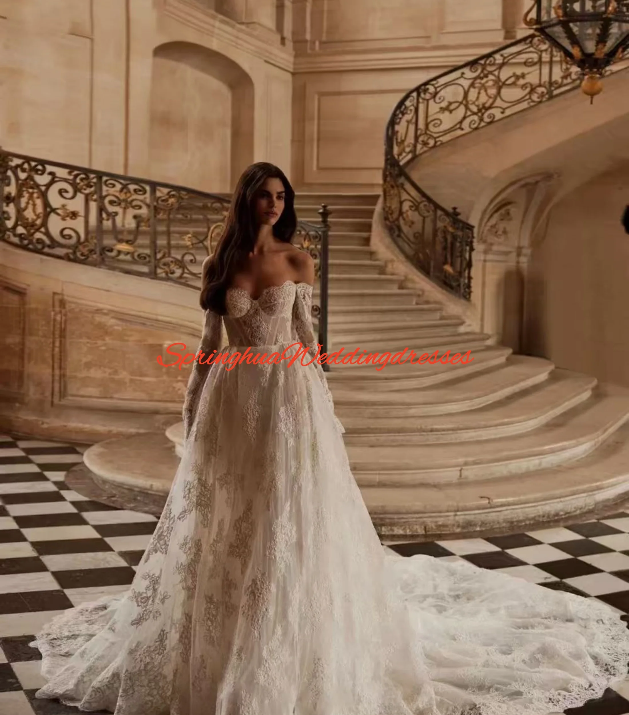 Customized Off the Shoulder Wedding Dresses Sweetheart Long Sleeves Lace Appliques A-Line Princess Bride Gown Vestido De Novia
Customized Off the Shoulder Wedding Dresses Sweetheart Long Sleeves Lace Appliques A-Line Princess Bride Gown Vestido De Novia