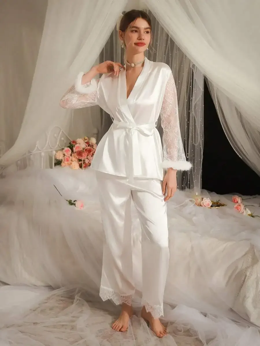 White Faux Silk Lace Sleeve Sleepwear Pajama Set With Furry Cuffs For Women
White Faux Silk Lace Sleeve Sleepwear Pajama Set With Furry Cuffs For Women