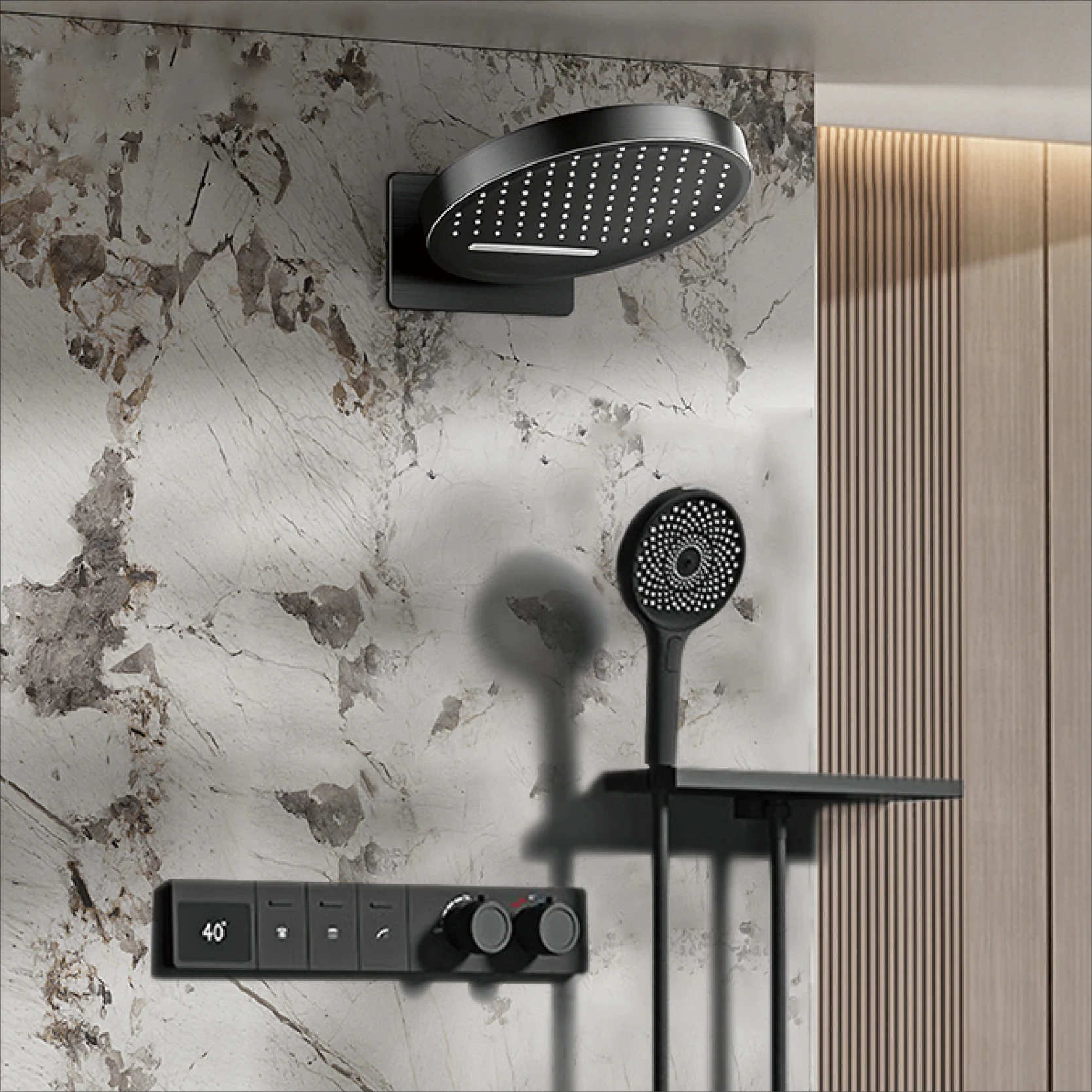 Luxury brass black wall mounted shower system Wall mounted Design Hot&Cold water LED digital display 3-function bathroom Mixer
Luxury brass black wall mounted shower system Wall mounted Design Hot&Cold water LED digital display 3-function bathroom Mixer