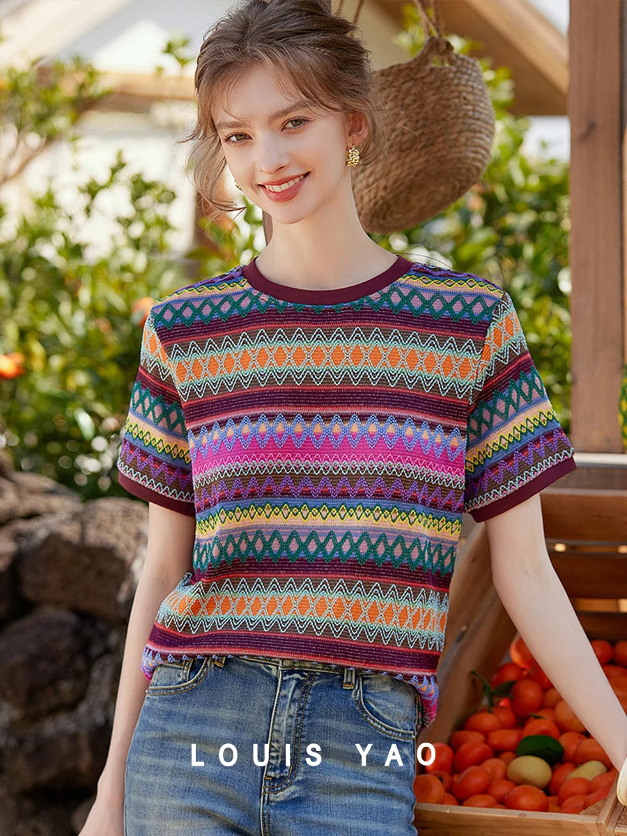 LOUIS YAO 2025 Summer Fashion Multi Color Short Sleeved T-shirt Retro Textured Fabric Round Neck Personalized Women's T-shirt
LOUIS YAO 2025 Summer Fashion Multi Color Short Sleeved T-shirt Retro Textured Fabric Round Neck Personalized Women's T-shirt