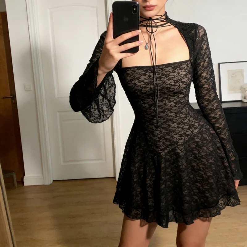 Women Gothic Dark Aesthetic Black Lace Choker Tie Cutout Long Sleeve Bell Cuff Bodycon Mini Dress Club Dress
Women Gothic Dark Aesthetic Black Lace Choker Tie Cutout Long Sleeve Bell Cuff Bodycon Mini Dress Club Dress