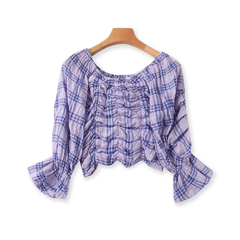 Summer New Plaid Cotton Linen One oulder Bellsve Crop Top Women's Base irt Sweet Sle Slim Fit Long Sve Printed
Summer New Plaid Cotton Linen One oulder Bellsve Crop Top Women's Base irt Sweet Sle Slim Fit Long Sve Printed