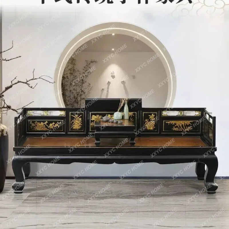 XX New Chinese Arhat bed retro black lacquer classical gold-painted carved rattan couch
XX New Chinese Arhat bed retro black lacquer classical gold-painted carved rattan couch
