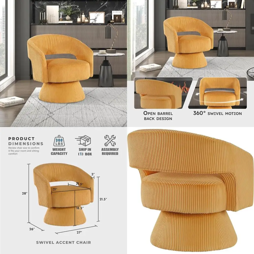 Swivel Barrel Chair with Plush Cushions, Metal Base, Suitable for Living Room/Bedroom/Office, Yellow
Swivel Barrel Chair with Plush Cushions, Metal Base, Suitable for Living Room/Bedroom/Office, Yellow