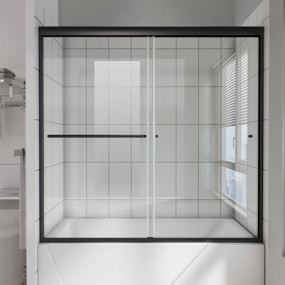 56 in. - 60 in. x 58 in. Semi-Frameless Traditional Sliding Bathtub Door in Matte black with 1/4 in. (6mm) Clear Glass
56 in. - 60 in. x 58 in. Semi-Frameless Traditional Sliding Bathtub Door in Matte black with 1/4 in. (6mm) Clear Glass