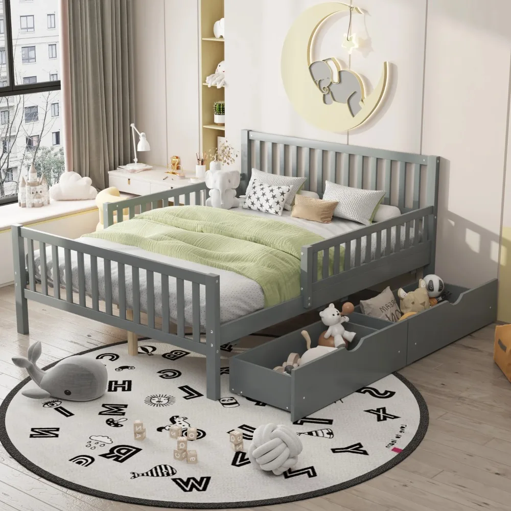 Full Bed with Storage Drawers and Fence Rails, Wood Platform Beds Frame with Headboard, Full Size Storage Bed
Full Bed with Storage Drawers and Fence Rails, Wood Platform Beds Frame with Headboard, Full Size Storage Bed
