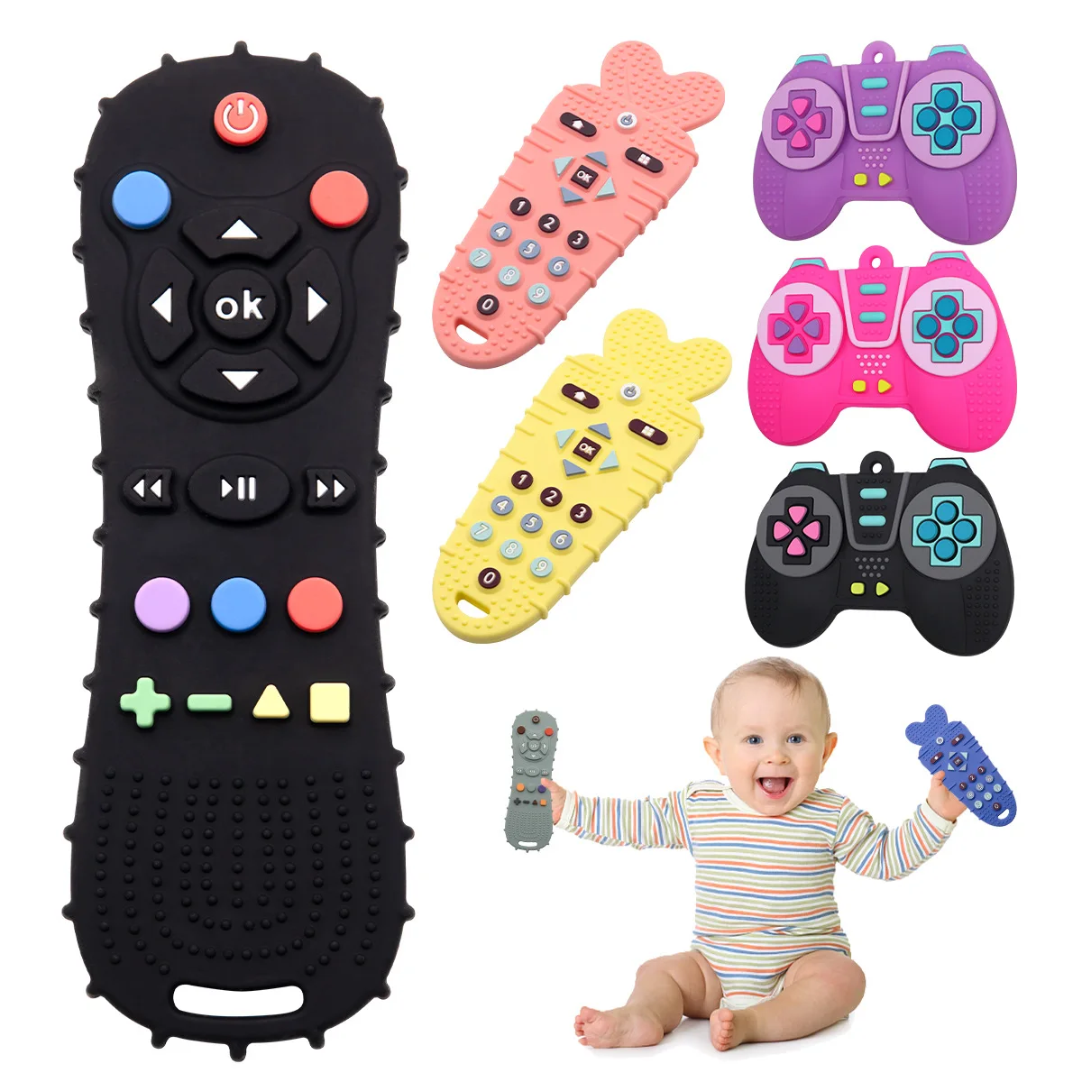 Baby Teething Remote Control Food Grade Silicone Babies Teething Toy Cute Radish Gamepad Teething Teether CE/CPC Certification
Baby Teething Remote Control Food Grade Silicone Babies Teething Toy Cute Radish Gamepad Teething Teether CE/CPC Certification
