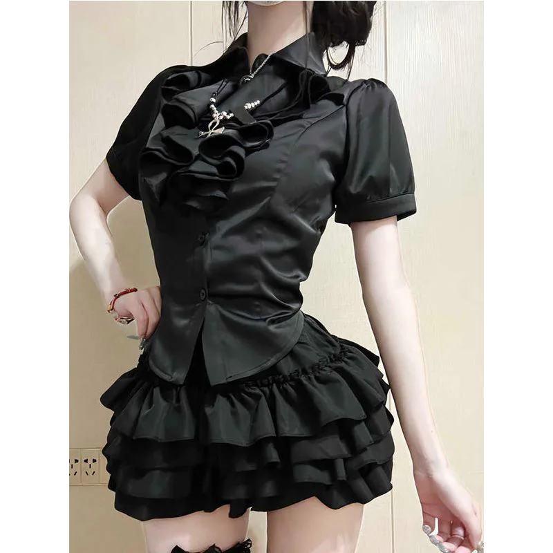Sweet Preppy Style Two Piece Outfit Japan Women Ruffle Collar Puff Sleeve Shirt and High Waist Tiered Mini Skirt Matching Set
Sweet Preppy Style Two Piece Outfit Japan Women Ruffle Collar Puff Sleeve Shirt and High Waist Tiered Mini Skirt Matching Set
