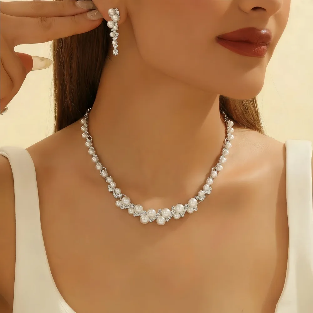 Pearl and Crystal Necklace and Earrings Set Silver Tone Elegant Bridal Statement Jewelry
Pearl and Crystal Necklace and Earrings Set Silver Tone Elegant Bridal Statement Jewelry