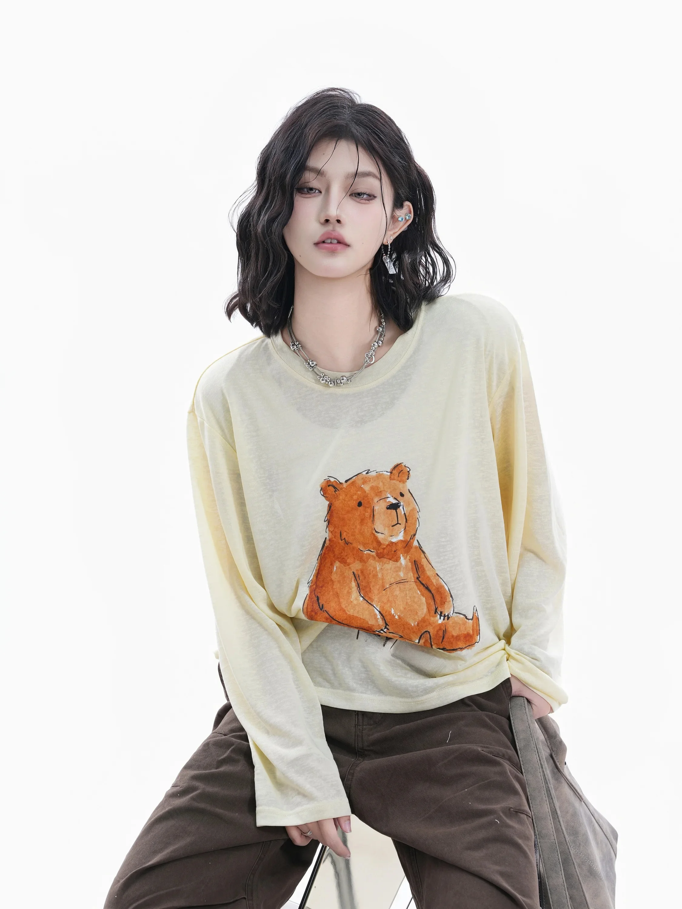 American Style Long Sleeve Watercolor Print T-Shirt Women's Thin Transparent Loose Bear Print Top Fashionable Summer Shirt
American Style Long Sleeve Watercolor Print T-Shirt Women's Thin Transparent Loose Bear Print Top Fashionable Summer Shirt