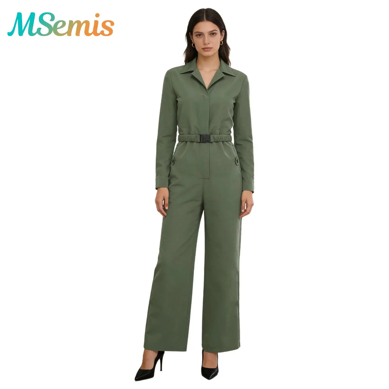 Womens Long Sleeve Coveralls Costume with Waist Belt Lapel V Neck Front Zipper Back Wide Leg Pants Rompers Overalls Jumpsuit
Womens Long Sleeve Coveralls Costume with Waist Belt Lapel V Neck Front Zipper Back Wide Leg Pants Rompers Overalls Jumpsuit