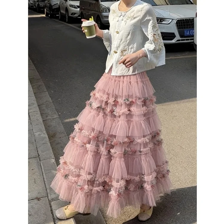 Pink Heavy Embellied Lace Skirt f-length Puffy Tulle Cake Skirt High-waist A-line Wood ain Net Skirt
Pink Heavy Embellied Lace Skirt f-length Puffy Tulle Cake Skirt High-waist A-line Wood ain Net Skirt