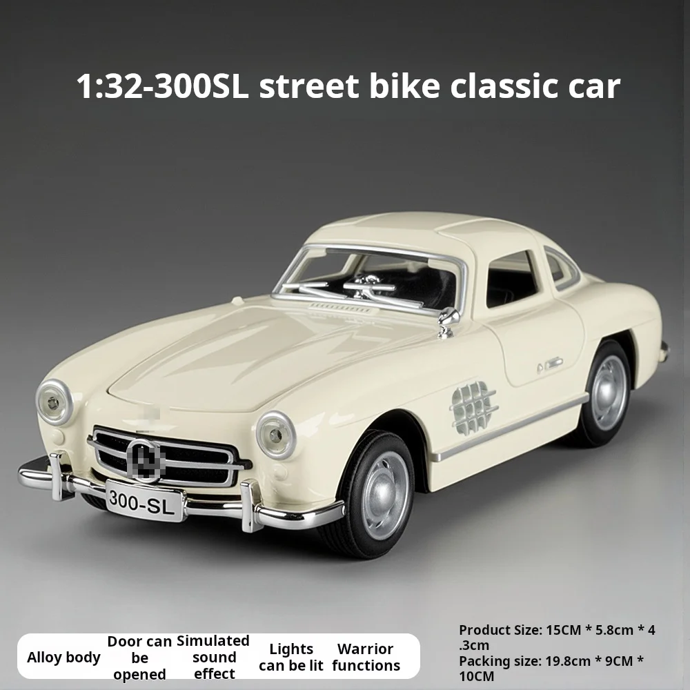 Масштаб 1:32, 300SL, миниатюрная винтажная модель автомобиля, игрушки из сплава, литой под давлением звук, свет, двери, открытая модель орнамента с откатным механизмом для детей, подарки 
Масштаб 1:32, 300SL, миниатюрная винтажная модель автомобиля, игрушки из сплава, литой под давлением звук, свет, двери, открытая модель орнамента с откатным механизмом для детей, подарки