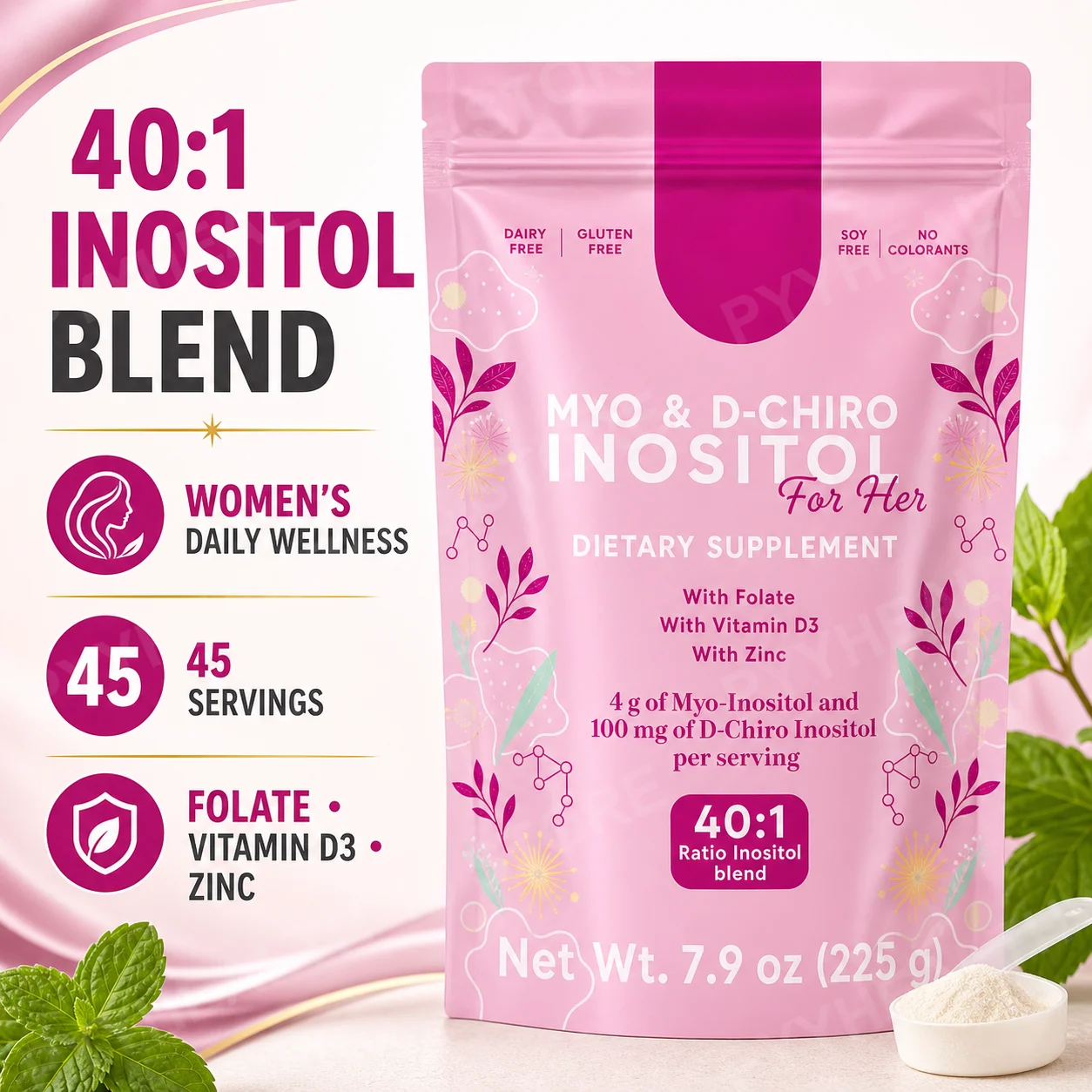 Inositol Powder 40:1 Myo D Chiro Blend 4g Folate Zinc Vitamin D3 45 Servings Sugar Free Gluten Free Daily Supplement for Women
Inositol Powder 40:1 Myo D Chiro Blend 4g Folate Zinc Vitamin D3 45 Servings Sugar Free Gluten Free Daily Supplement for Women