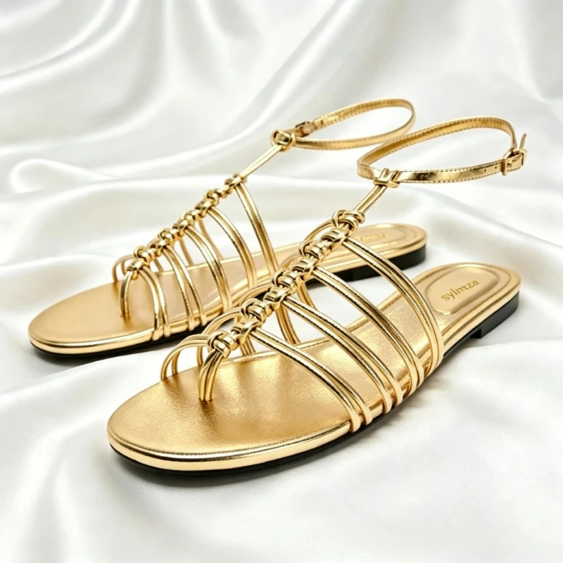 Unique Metallic Effect Knot Details Flat Sandals for Women Fashion Ankle Strap Buckle Gladiator Sandals Sexy Clip Toe Flip Flops
Unique Metallic Effect Knot Details Flat Sandals for Women Fashion Ankle Strap Buckle Gladiator Sandals Sexy Clip Toe Flip Flops