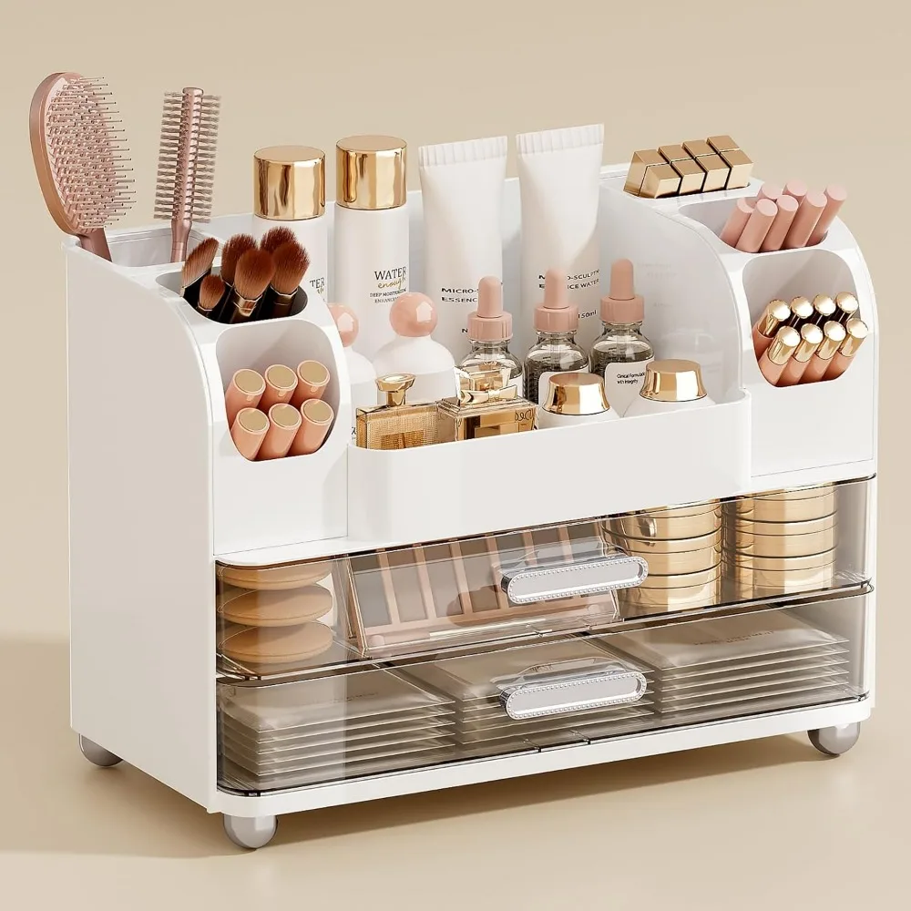 Vanity Makeup Organizer Two Large Drawers Brush Holders Bathroom Countertop Skincare Perfume Storage White
Vanity Makeup Organizer Two Large Drawers Brush Holders Bathroom Countertop Skincare Perfume Storage White