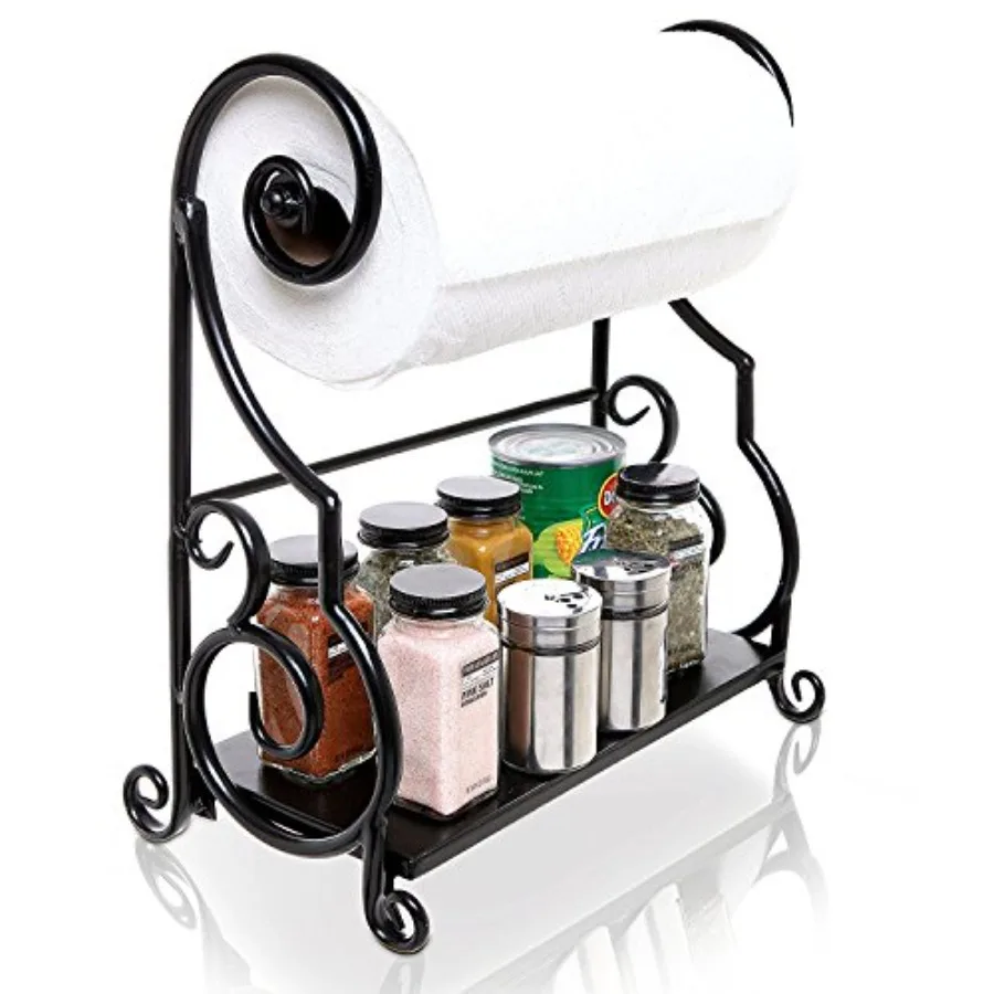 Paper Towel Holder Countertop with Shelf Metal Freestanding Decorative Organizer for Kitchen, Scrollwork Design, Horizontal Sto
Paper Towel Holder Countertop with Shelf Metal Freestanding Decorative Organizer for Kitchen, Scrollwork Design, Horizontal Sto