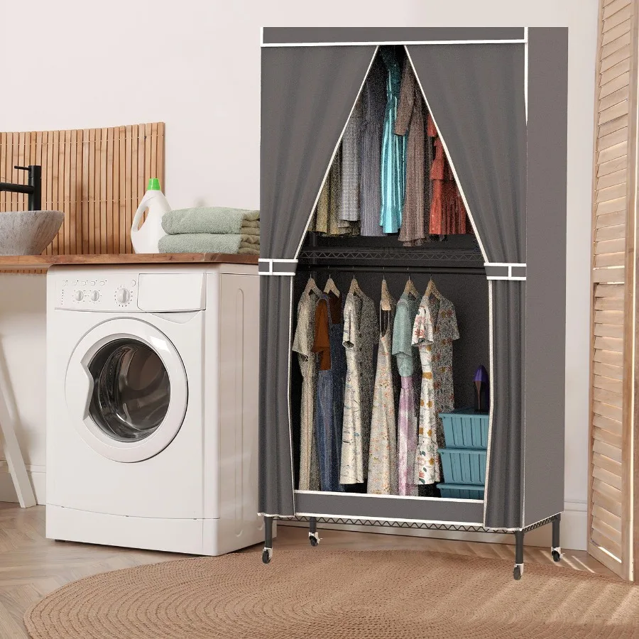 2 Tier Clothing Rack With Cover Portable Wardrobe Closet Covered Garment Rack with 4 Wheels 2 Hanging Rods 2 Hook Racks 35.43x1 
2 Tier Clothing Rack With Cover Portable Wardrobe Closet Covered Garment Rack with 4 Wheels 2 Hanging Rods 2 Hook Racks 35.43x1