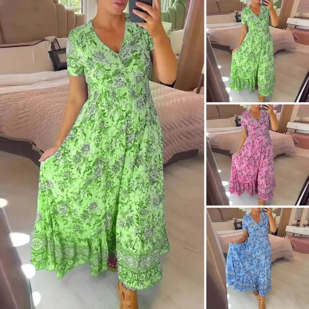 A-line Silhouette Dress Floral Print V Neck Maxi Dress with Ruffle Edge High Waist A-line Silhouette for Dating or Beach Ankle
A-line Silhouette Dress Floral Print V Neck Maxi Dress with Ruffle Edge High Waist A-line Silhouette for Dating or Beach Ankle