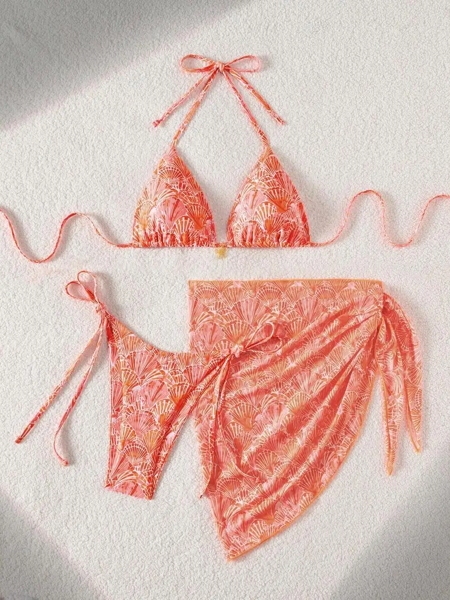 3-Piece Beach Set Halter Top Side Tie Bottoms Mesh Cover Up Floral Pattern Coral Orange
3-Piece Beach Set Halter Top Side Tie Bottoms Mesh Cover Up Floral Pattern Coral Orange
