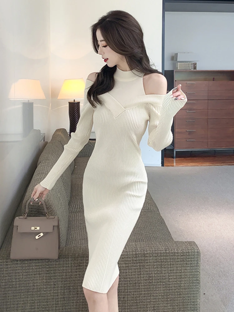 Women Knitted Dress Vintage Half High Collar Sexy Off Shoulder Sweater Dresses 2022 Temperament Slim Long Sleeve Bottom Dresses
Women Knitted Dress Vintage Half High Collar Sexy Off Shoulder Sweater Dresses 2022 Temperament Slim Long Sleeve Bottom Dresses