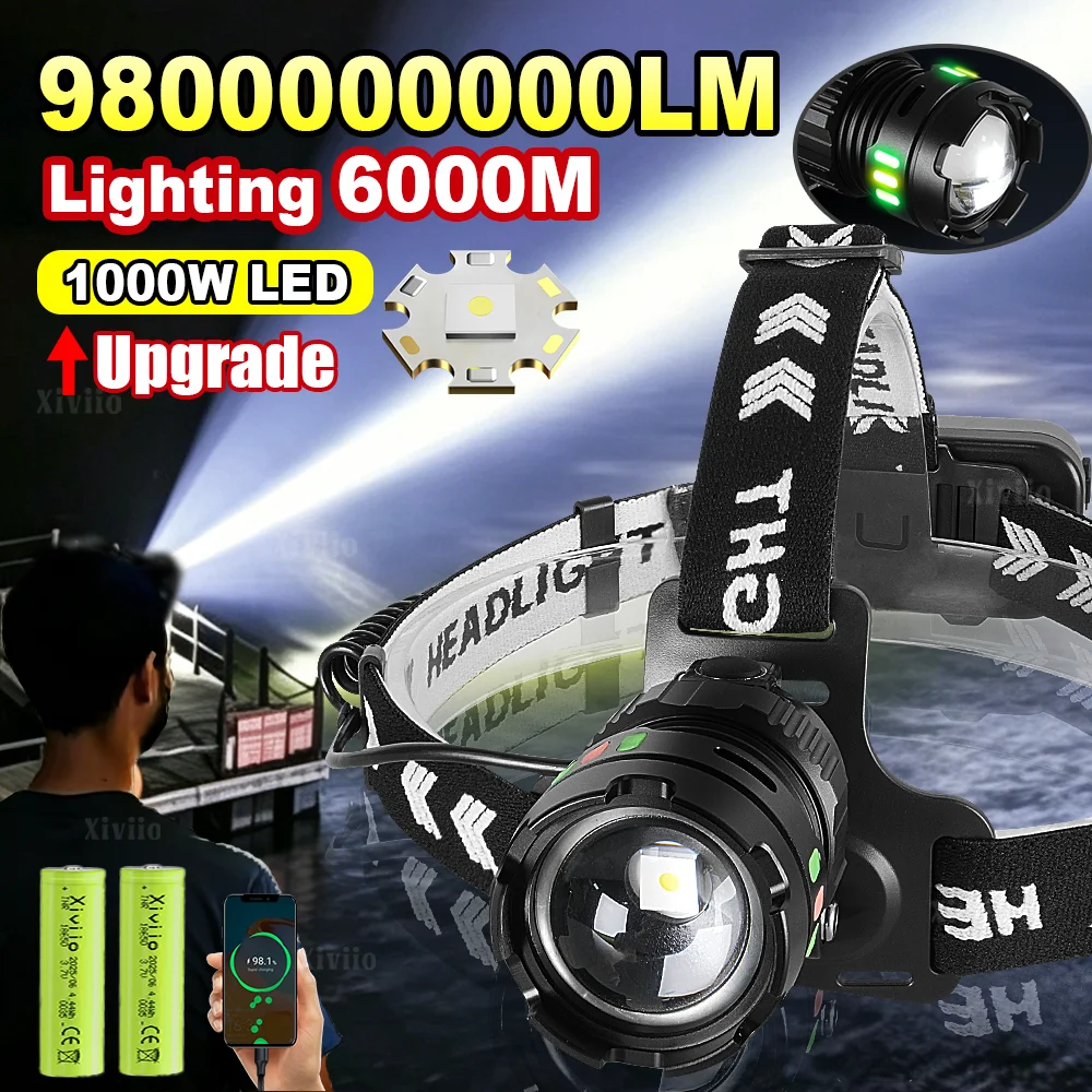 98000000LM Most Powerful 1000W LED Headlamps Outdoor Super Bright Long Range Headlight Type-c Rechargeable Head Lantern Fishing
98000000LM Most Powerful 1000W LED Headlamps Outdoor Super Bright Long Range Headlight Type-c Rechargeable Head Lantern Fishing