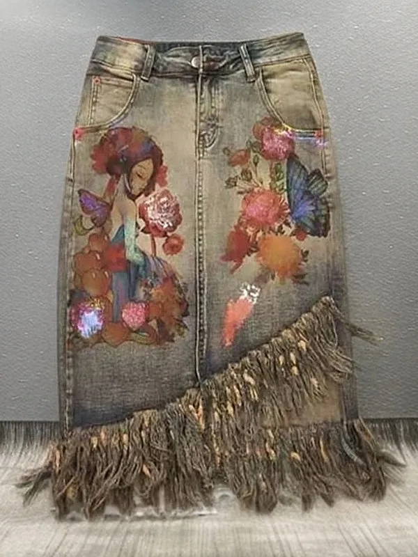 Spring Pattern Printed Asymmetric Denim Skirt Women's Tassel Wrap around Skirt High Waist A-Line Skirt Casual Sle
Spring Pattern Printed Asymmetric Denim Skirt Women's Tassel Wrap around Skirt High Waist A-Line Skirt Casual Sle