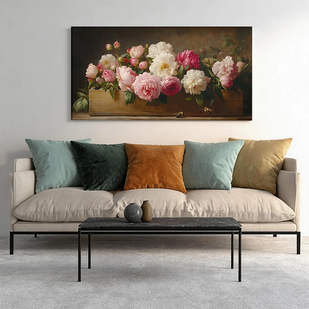Large-sized solid wood frame canvas painting 1pc Peonies in a box, bees.
Large-sized solid wood frame canvas painting 1pc Peonies in a box, bees.