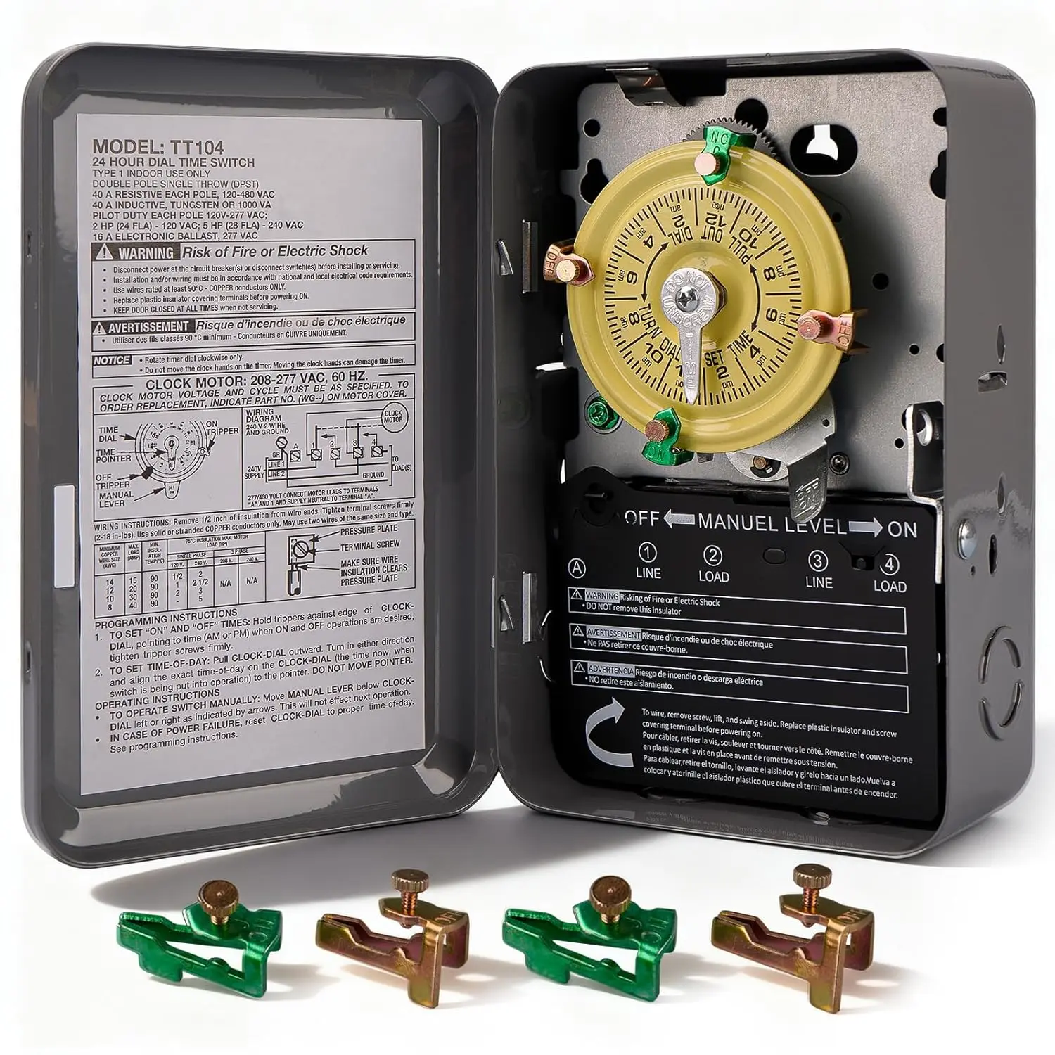 Electromechanical Timer Switch 208-277VAC 40A DPST 24-Hour 12 ON/OFF for Pool Pump Water Heater Lighting
Electromechanical Timer Switch 208-277VAC 40A DPST 24-Hour 12 ON/OFF for Pool Pump Water Heater Lighting