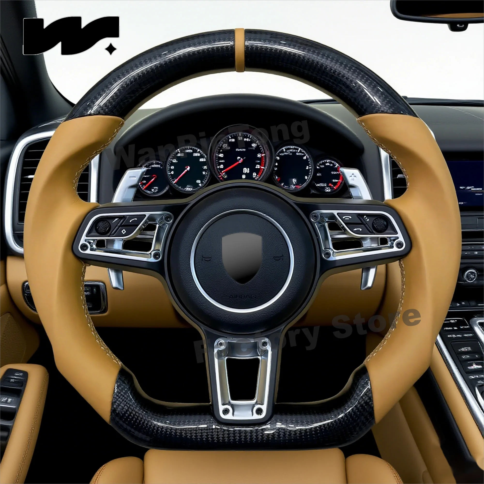 Customized for Porsche, with orange markings on the top, orange leather, and a carbon fiber sports style steering wheel
Customized for Porsche, with orange markings on the top, orange leather, and a carbon fiber sports style steering wheel