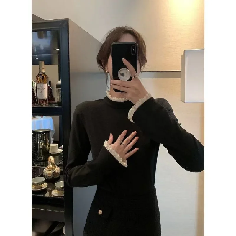 Women New Patchwork Lace Half-High Collar Tops Spring Autumn Slim Warm Bottoming Shirts Fashion Casual T-shirts Long Sleeve Tees
Women New Patchwork Lace Half-High Collar Tops Spring Autumn Slim Warm Bottoming Shirts Fashion Casual T-shirts Long Sleeve Tees
