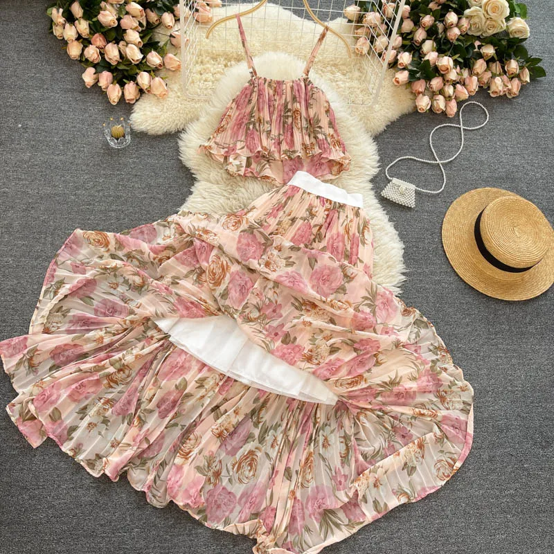 Beach Vaion Set Strap Top Women Heavy Pr Pleat Chiffon f Skirt Sweet Floral Two Piece Trendy Faion Ensemble
Beach Vaion Set Strap Top Women Heavy Pr Pleat Chiffon f Skirt Sweet Floral Two Piece Trendy Faion Ensemble