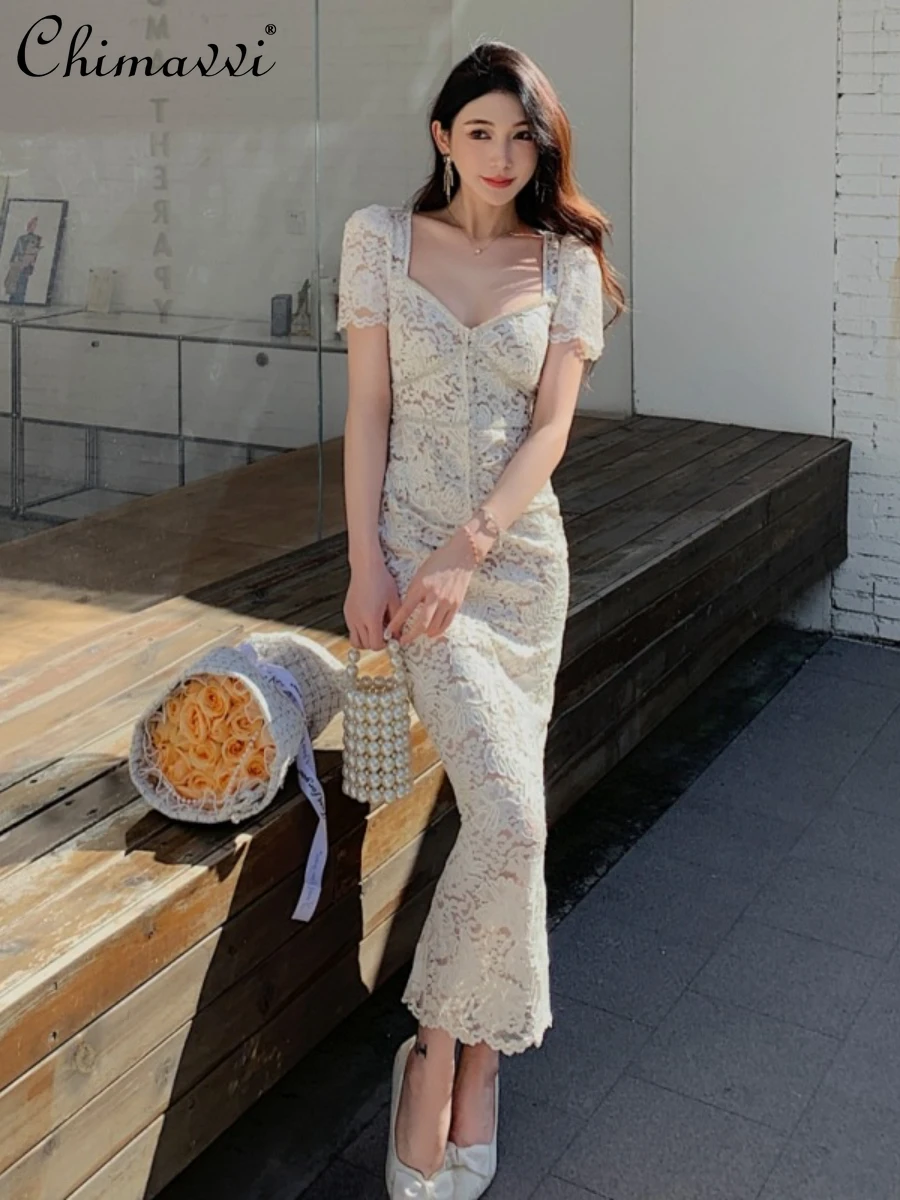 Fashion Elegant Sexy Short Sleeve Lace Dress for Women High-End French Retro Creamy-white Slim-fit Ladies Party Long Dress
Fashion Elegant Sexy Short Sleeve Lace Dress for Women High-End French Retro Creamy-white Slim-fit Ladies Party Long Dress