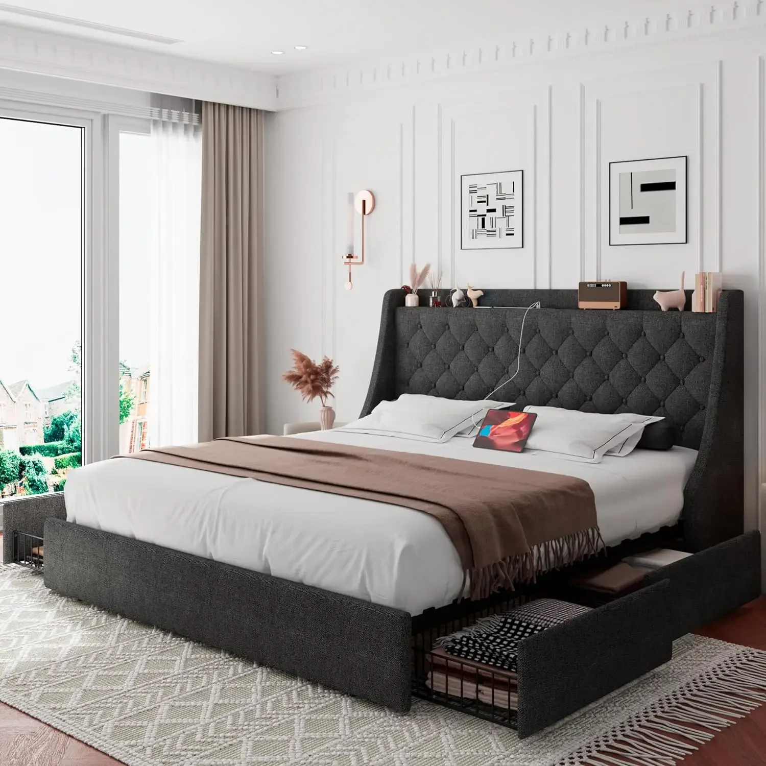 King Size Bed Frame with 4 Storage Drawers, Upholstered Platform Bed Frame with Type-C & USB Ports, Wingback Storage Headboard
King Size Bed Frame with 4 Storage Drawers, Upholstered Platform Bed Frame with Type-C & USB Ports, Wingback Storage Headboard