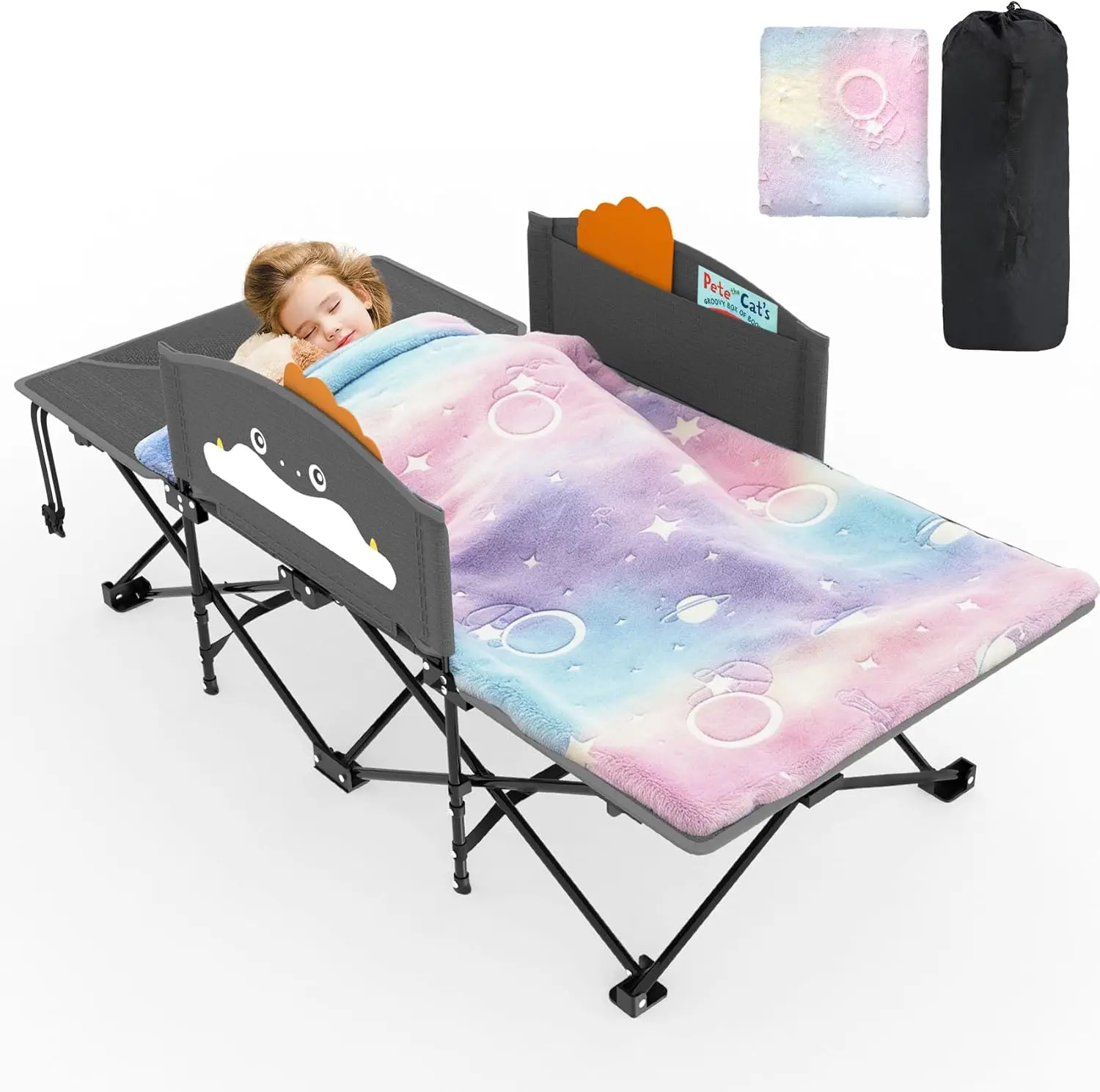 Toddler Travel Cot with Cartoon Guardrail, Blanket, 56" Long, 330 Lbs Capacity, Gray
Toddler Travel Cot with Cartoon Guardrail, Blanket, 56" Long, 330 Lbs Capacity, Gray