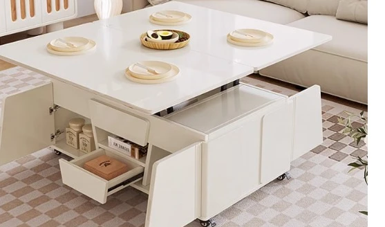 Cream style lifting coffee table transformed into dining table and desk, versatile foldable and extendable small unit
Cream style lifting coffee table transformed into dining table and desk, versatile foldable and extendable small unit
