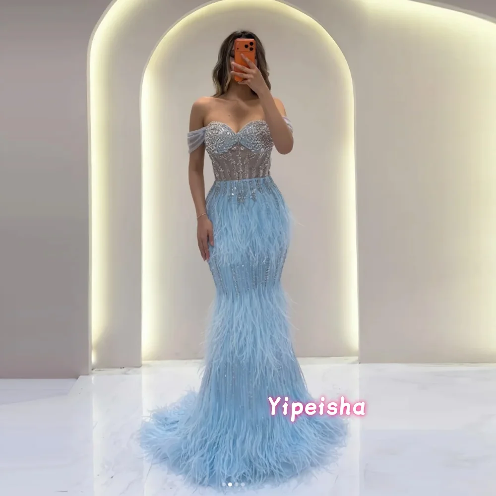 Luxury Blue Off Shoulder Beaded Feather Mermaid Evening Dress for Formal Occasion Prom Gowns Customized
Luxury Blue Off Shoulder Beaded Feather Mermaid Evening Dress for Formal Occasion Prom Gowns Customized
