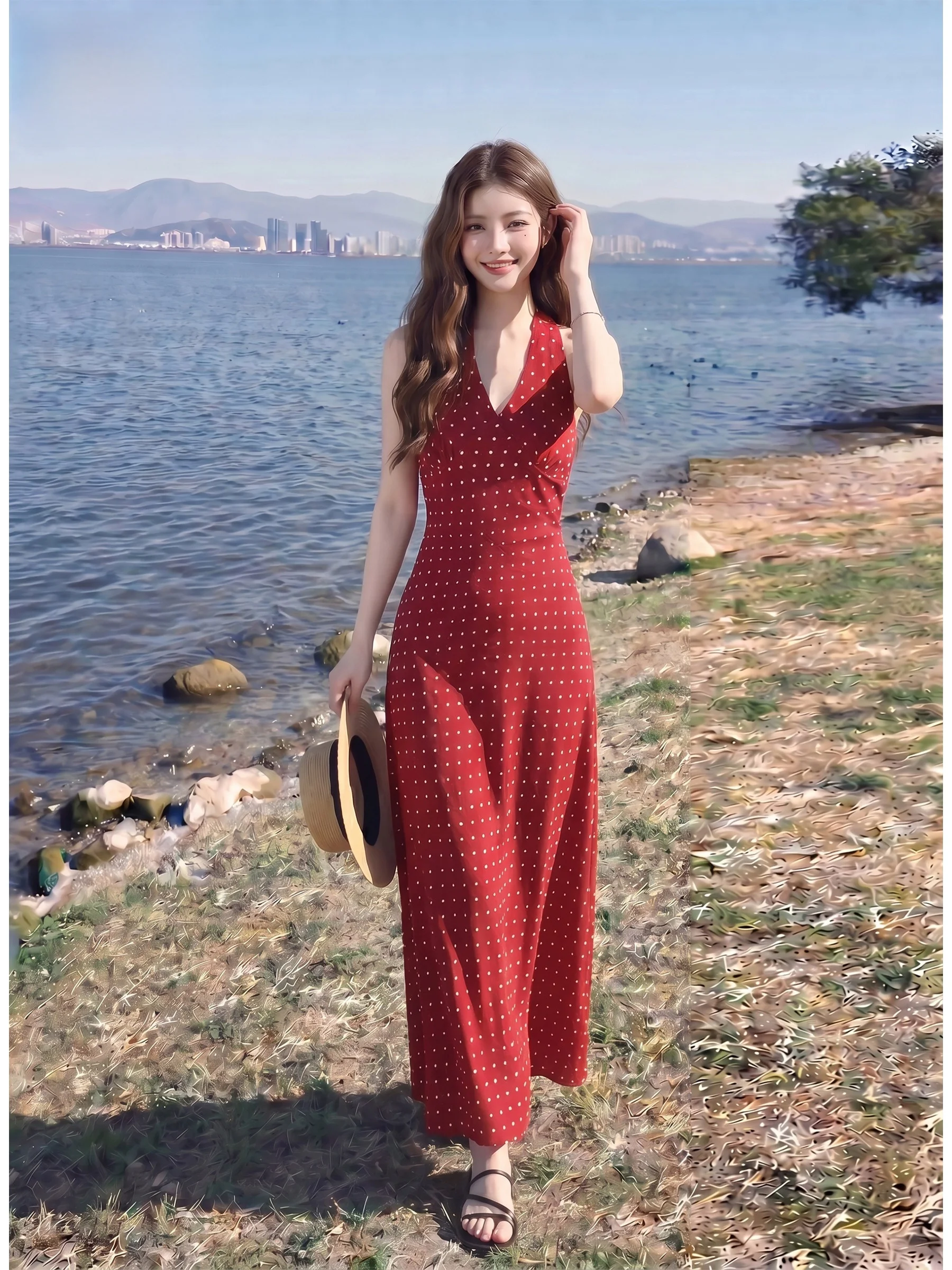 Elegant V-Neck Hanging Neck Dress Women's 2026 New Summer Waist Cinching Slimming Retro Polka Dot Long Dress Casual Style Gat...
Elegant V-Neck Hanging Neck Dress Women's 2026 New Summer Waist Cinching Slimming Retro Polka Dot Long Dress Casual Style Gat...