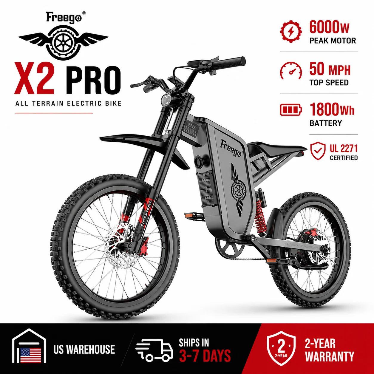 Freego X2 Pro Electric Dirt Bike for Adults 6000W Motors 60V 30AH Lithium Battery 7 Speed 50MPH Off Road Ebike +2 Year Warranty
Freego X2 Pro Electric Dirt Bike for Adults 6000W Motors 60V 30AH Lithium Battery 7 Speed 50MPH Off Road Ebike +2 Year Warranty