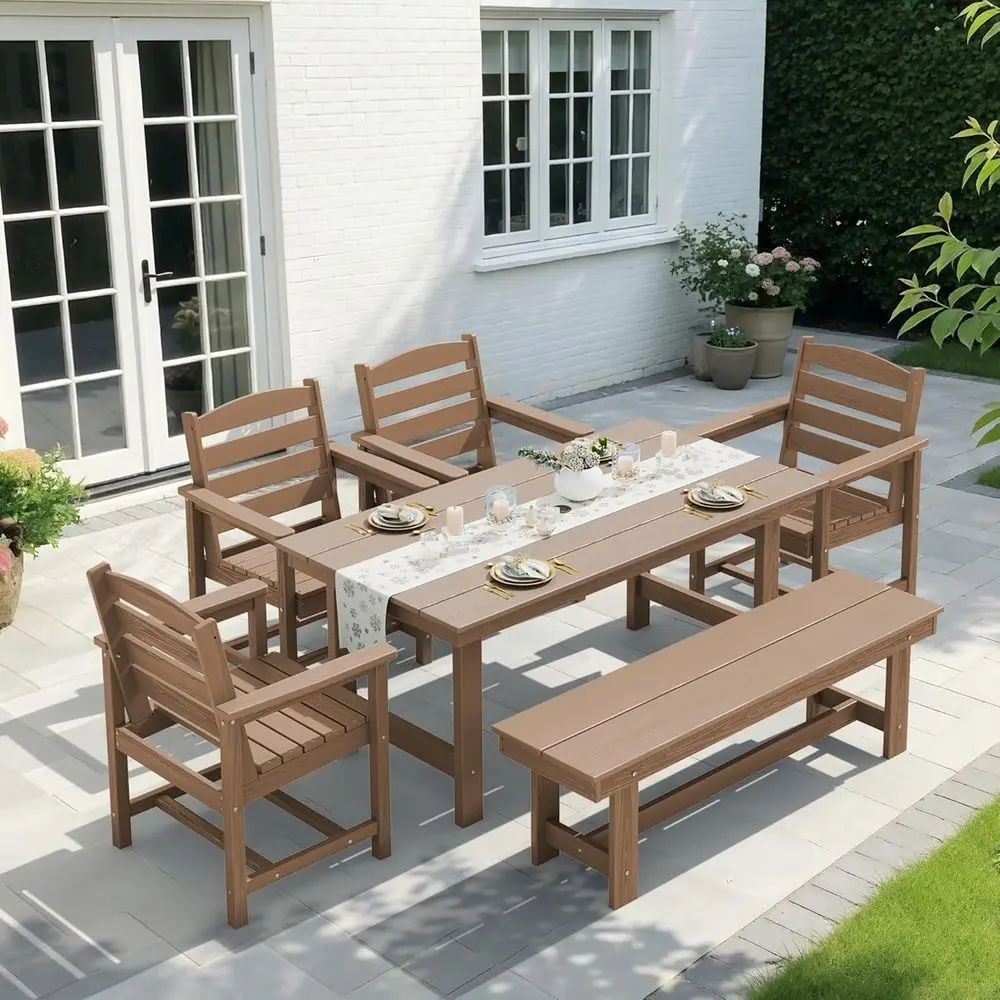 6-Piece Patio Dining Set, HDPE Outdoor Table and Chairs with Bench, Brown
6-Piece Patio Dining Set, HDPE Outdoor Table and Chairs with Bench, Brown