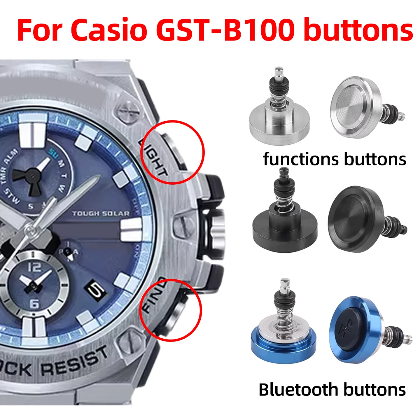 Для часов Casio G-SHOCK серии GST-B100: функции часов и кнопки Bluetooth, аксессуары GSTB100, запасные части для боковых кнопок часов.
Для часов Casio G-SHOCK серии GST-B100: функции часов и кнопки Bluetooth, аксессуары GSTB100, запасные части для боковых кнопок часов.