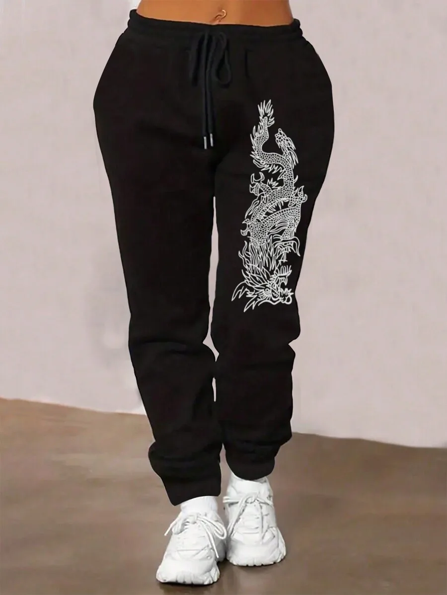Black Drawstring Waist Sweatpants with White Dragon Print, Loose Fit Casual Pants
Black Drawstring Waist Sweatpants with White Dragon Print, Loose Fit Casual Pants