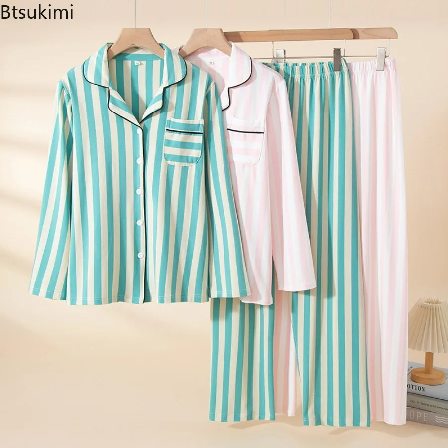 New Women's Vertical Striped Lapel Long Sleeve Cotton Pajamas Sets 2PCS Breathable Sweat Absorbing Warm Soft Home Wear Sleepwear
New Women's Vertical Striped Lapel Long Sleeve Cotton Pajamas Sets 2PCS Breathable Sweat Absorbing Warm Soft Home Wear Sleepwear