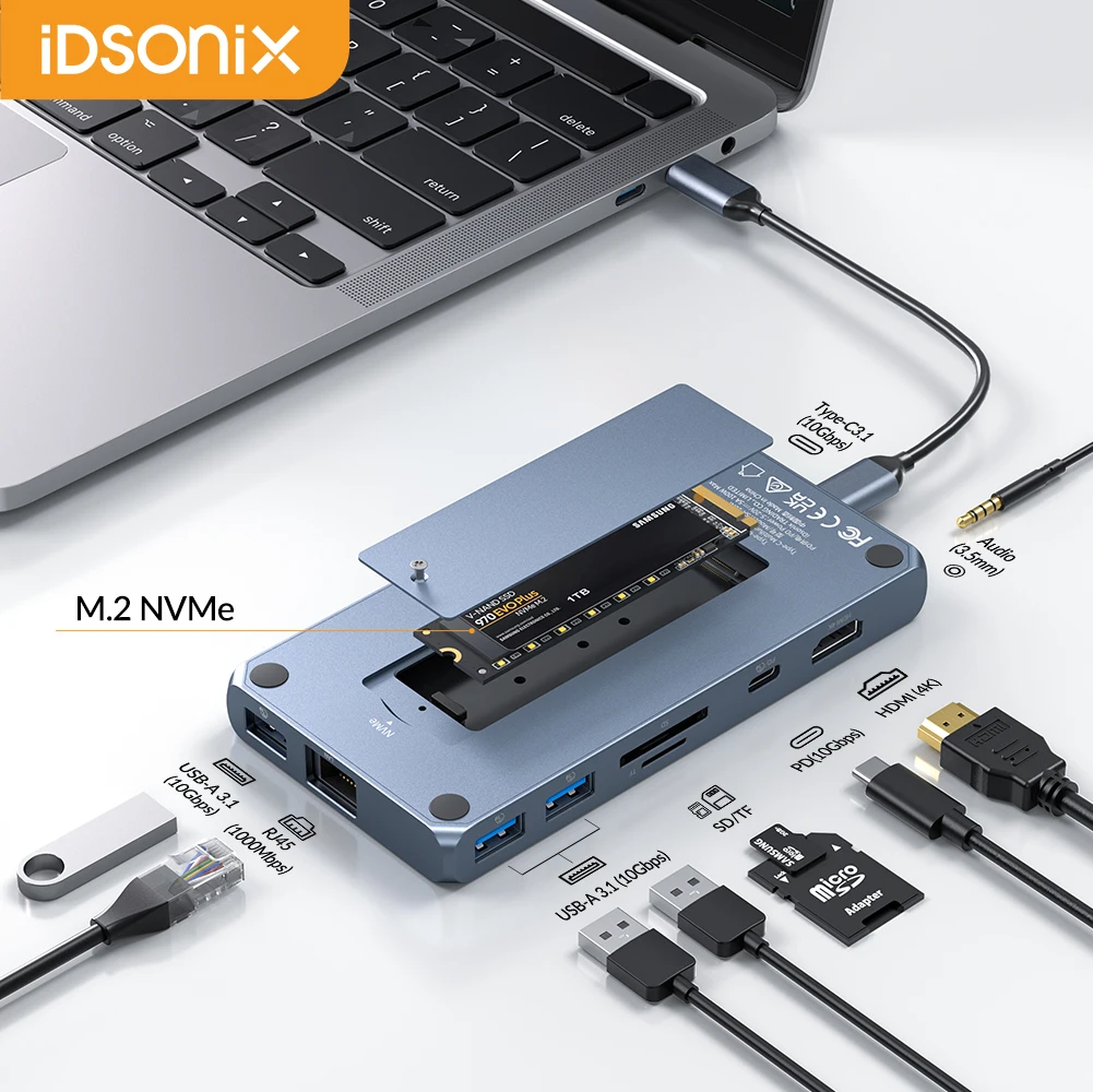 IDSONIX USB C Docking Station with M.2 NVMe SSD External Enclosure Type C 3.1 HUB Extension to HDMI 4K PD 100W RJ45 SD/TF for PC
IDSONIX USB C Docking Station with M.2 NVMe SSD External Enclosure Type C 3.1 HUB Extension to HDMI 4K PD 100W RJ45 SD/TF for PC