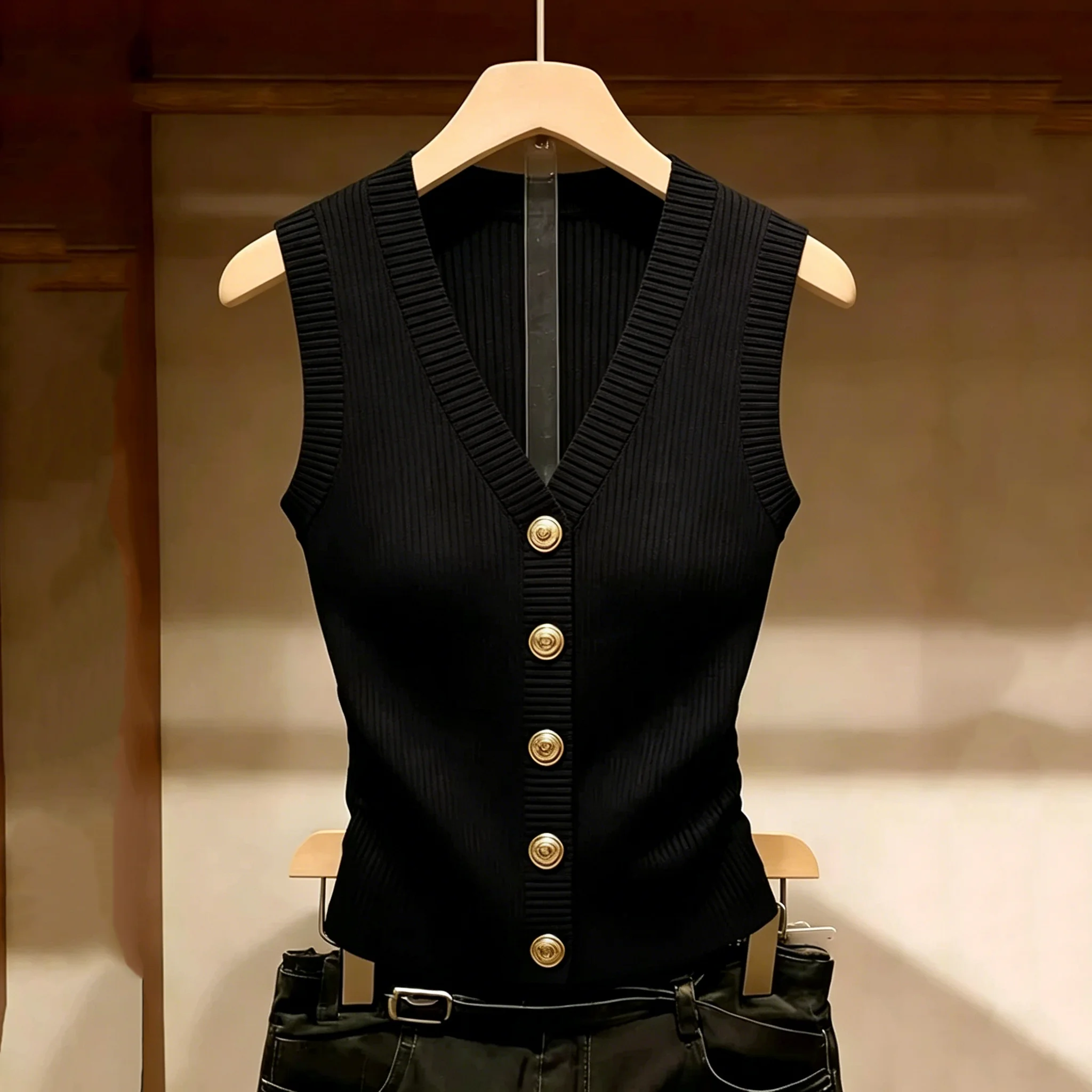 Women's Black Sleeveless Ribbed Knit Vest New Summer Chic Coat V Neck Gold Button Down Slim Casual Cardigan Top waistcoat Y2K
Women's Black Sleeveless Ribbed Knit Vest New Summer Chic Coat V Neck Gold Button Down Slim Casual Cardigan Top waistcoat Y2K