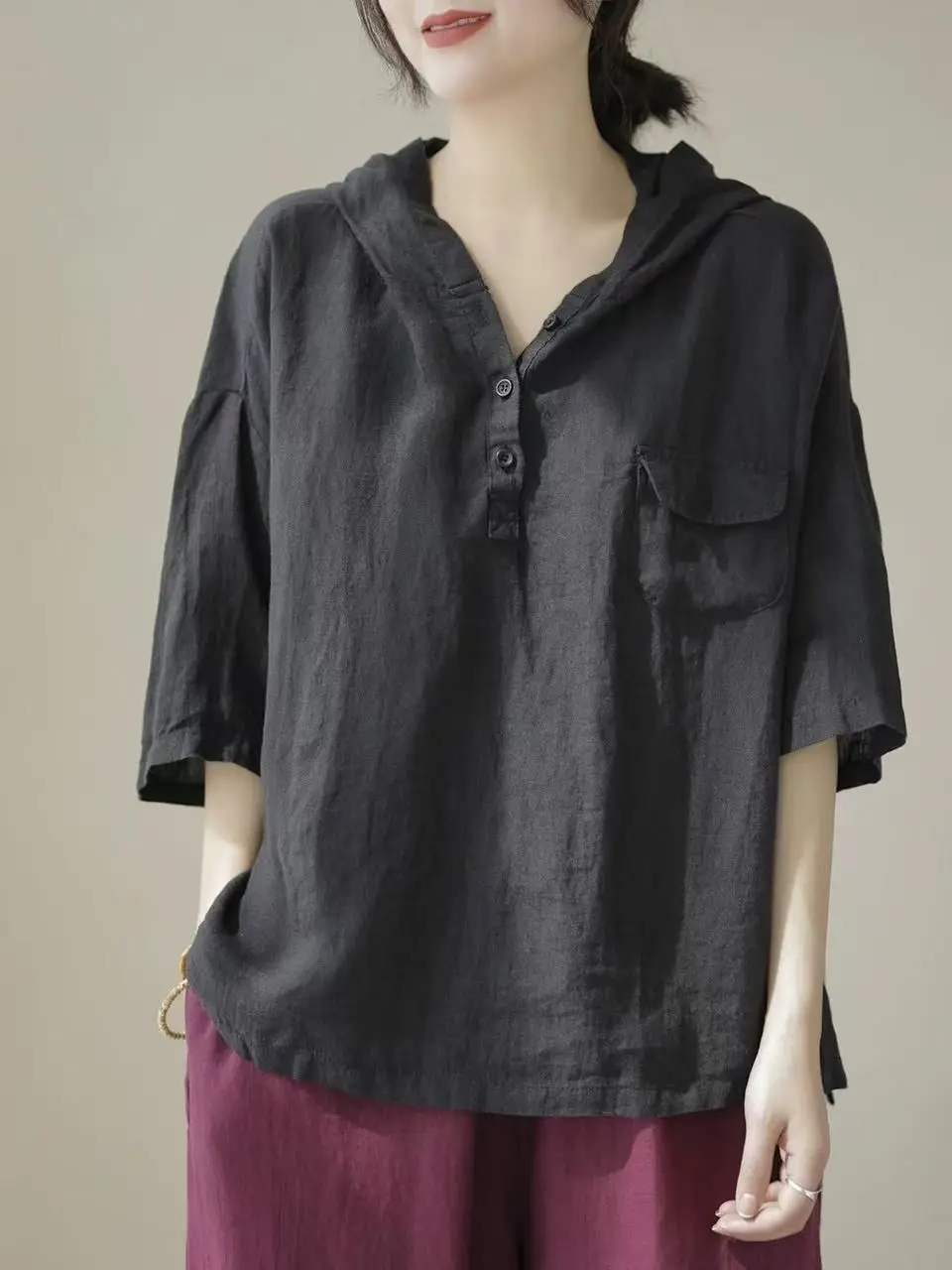 Loose Fit Hooded Pure Color T-Shirt Shirt for Middle-Aged And Elderly Mothers Summer New Style Five-Quarter Sleeve Top
Loose Fit Hooded Pure Color T-Shirt Shirt for Middle-Aged And Elderly Mothers Summer New Style Five-Quarter Sleeve Top