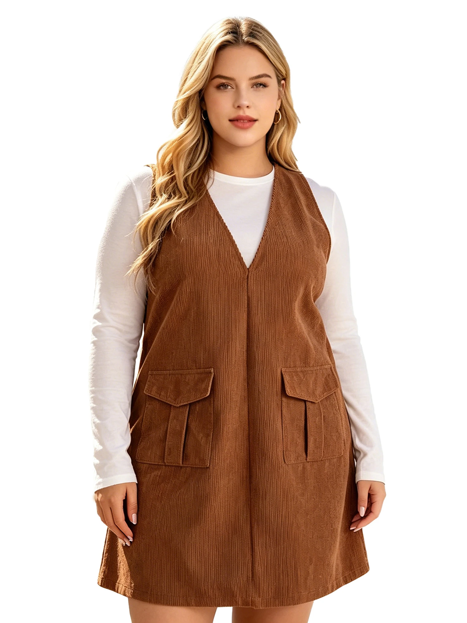 Women Plus Size Dress Solid Color Utility Pocket V-Neck Corduroy Vest Dress Fashion Fall Winter Sleeveless Casual Dress
Women Plus Size Dress Solid Color Utility Pocket V-Neck Corduroy Vest Dress Fashion Fall Winter Sleeveless Casual Dress
