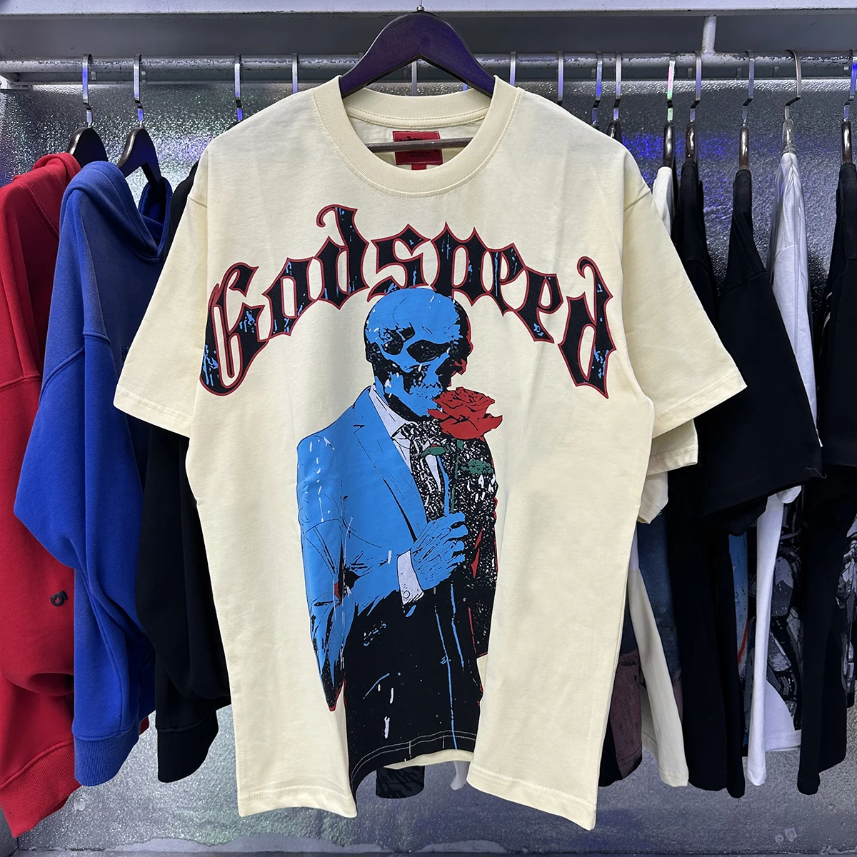Godspeed Skeleton Gentleman Rose Printed High Quality Cotton Casual Short Sleeve T-shirt for Men and Women Tee
Godspeed Skeleton Gentleman Rose Printed High Quality Cotton Casual Short Sleeve T-shirt for Men and Women Tee