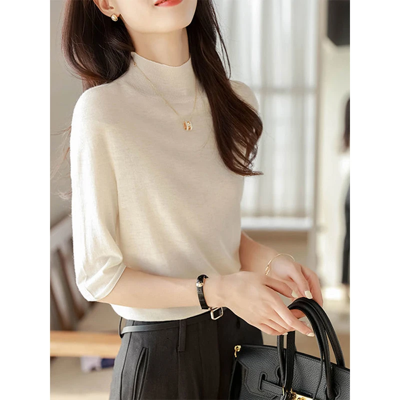 Slim Fit Ice Silk Knitted Top f High Collar Inner Wear T-irt Summer Faionable European Sle Svel Base irt
Slim Fit Ice Silk Knitted Top f High Collar Inner Wear T-irt Summer Faionable European Sle Svel Base irt
