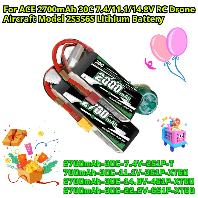 2700mAh for ACE 2700mAh 30C 7.4/11.1/14.8V RC Drone Aircraft Model 2S3S6S Lithium Battery
2700mAh for ACE 2700mAh 30C 7.4/11.1/14.8V RC Drone Aircraft Model 2S3S6S Lithium Battery